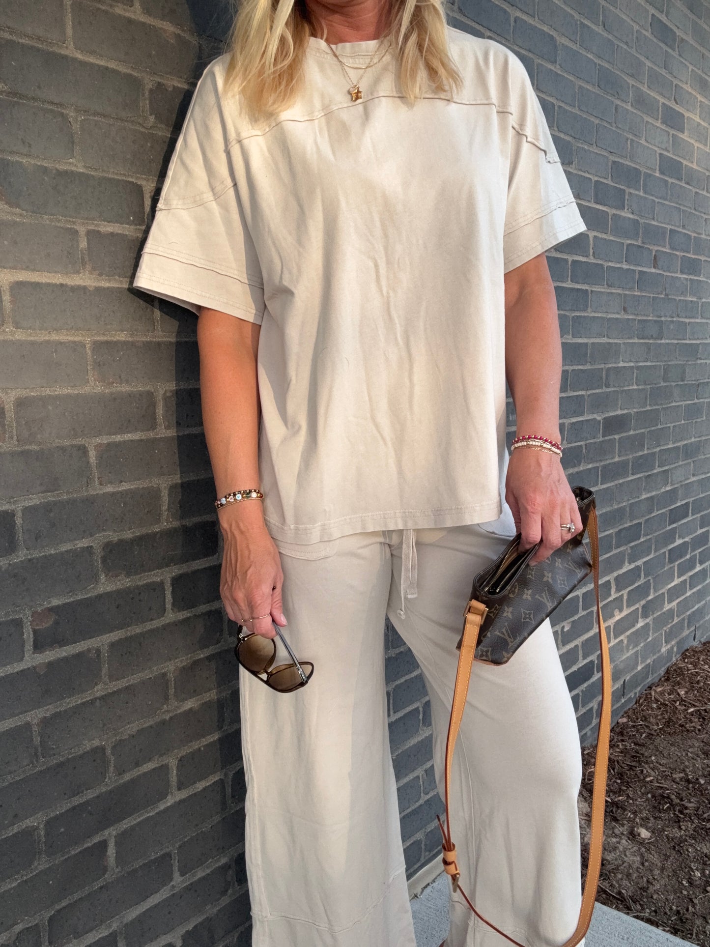 Cream Exposed Hem Pant-Set