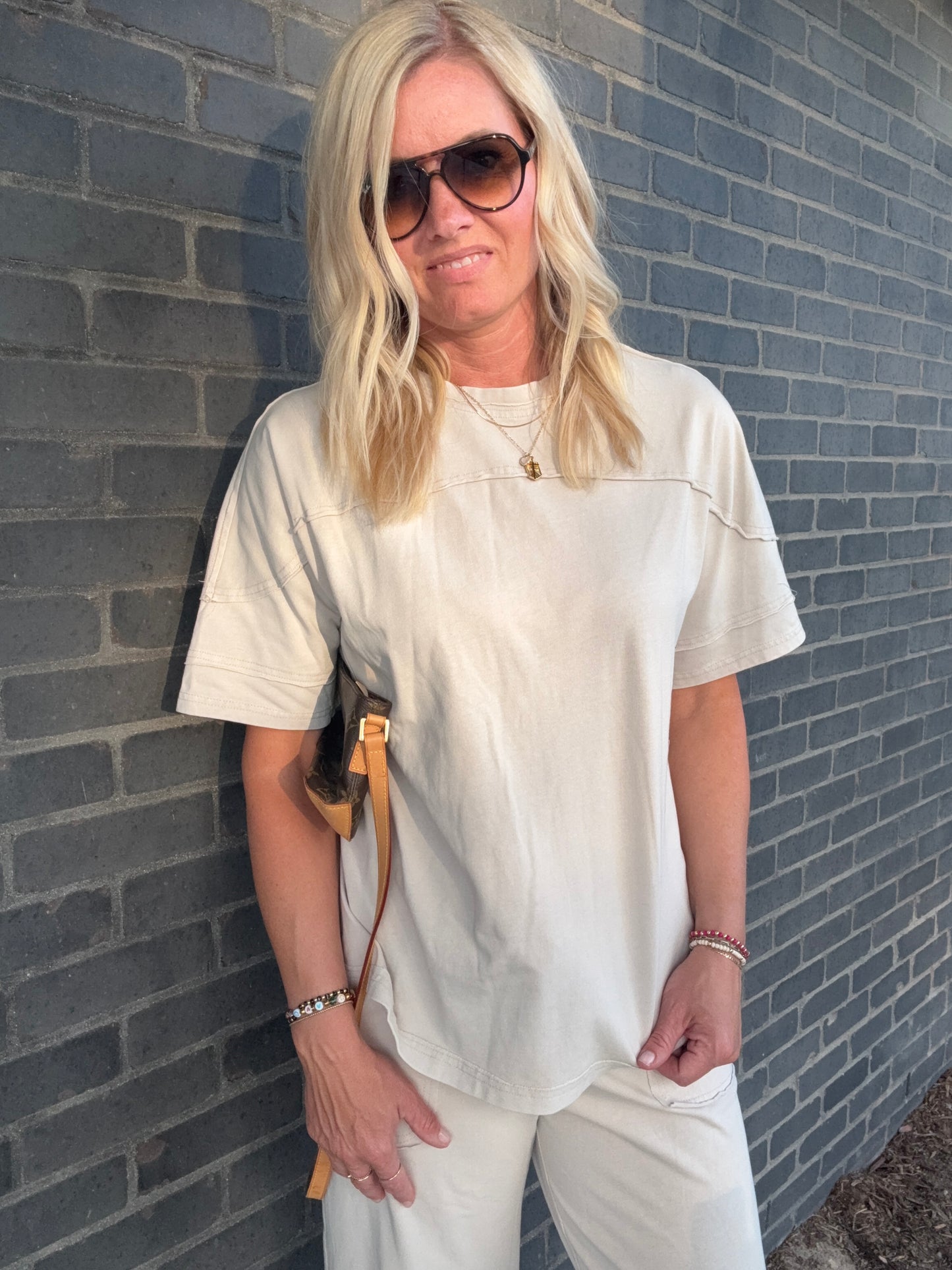 Cream Exposed Hem Top-Set