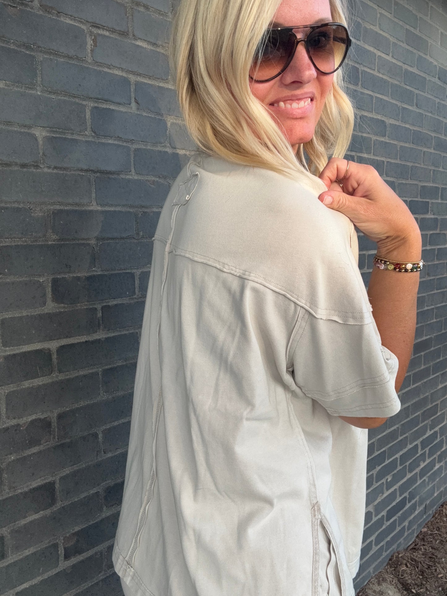 Cream Exposed Hem Top-Set