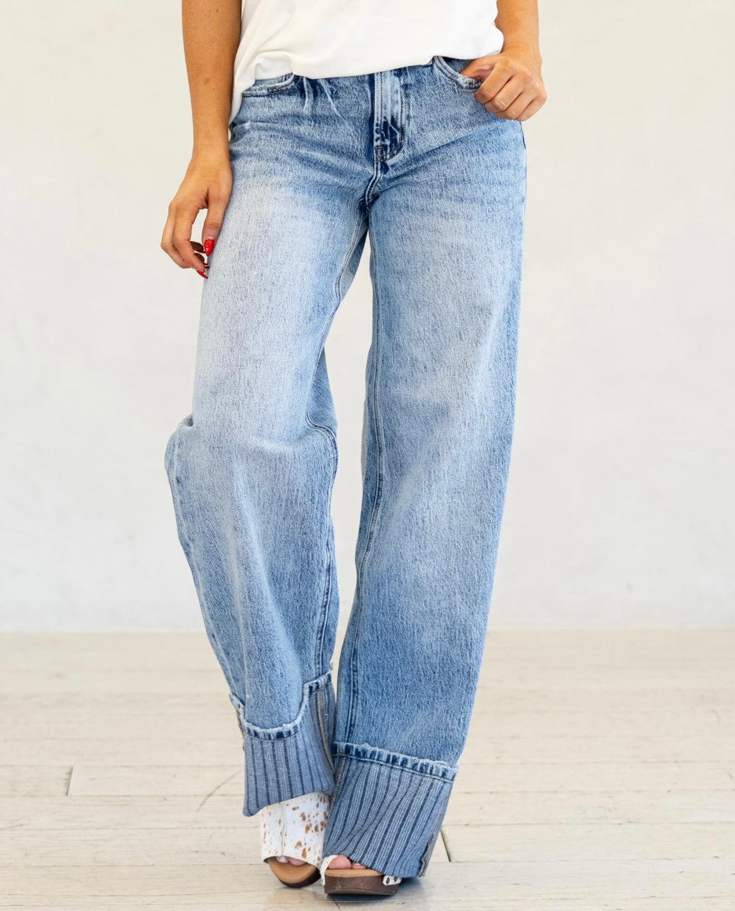 Wide Stripe Cuff Mid Rise Jean