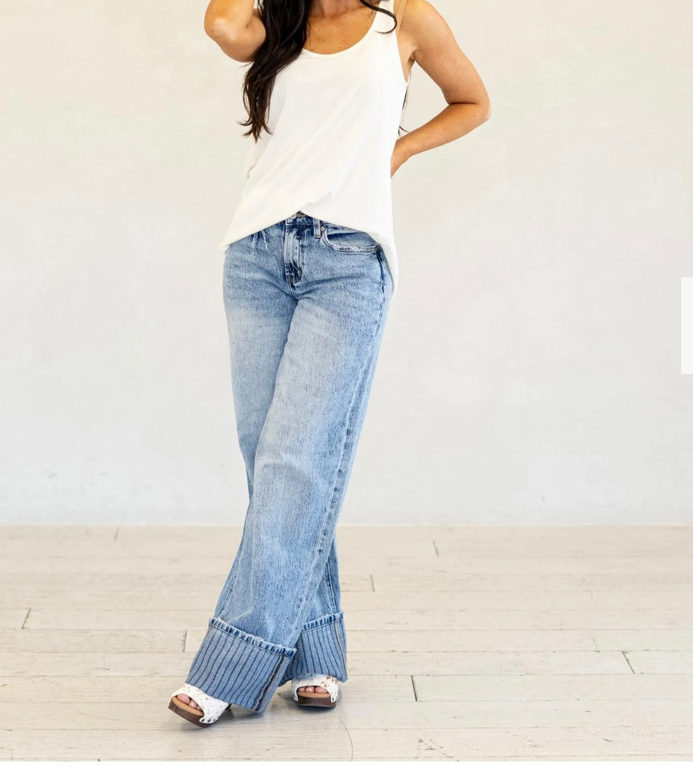 Wide Stripe Cuff Mid Rise Jean