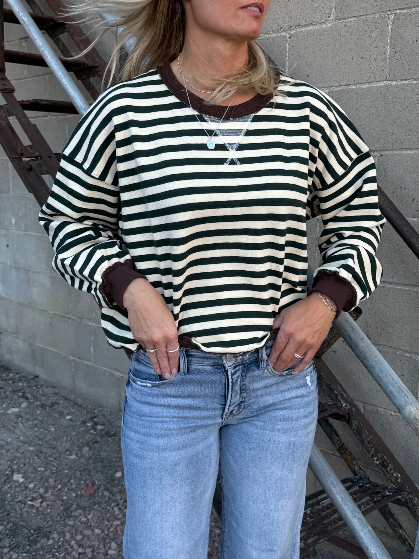 Green Stripe Ribbed Sweatshirt