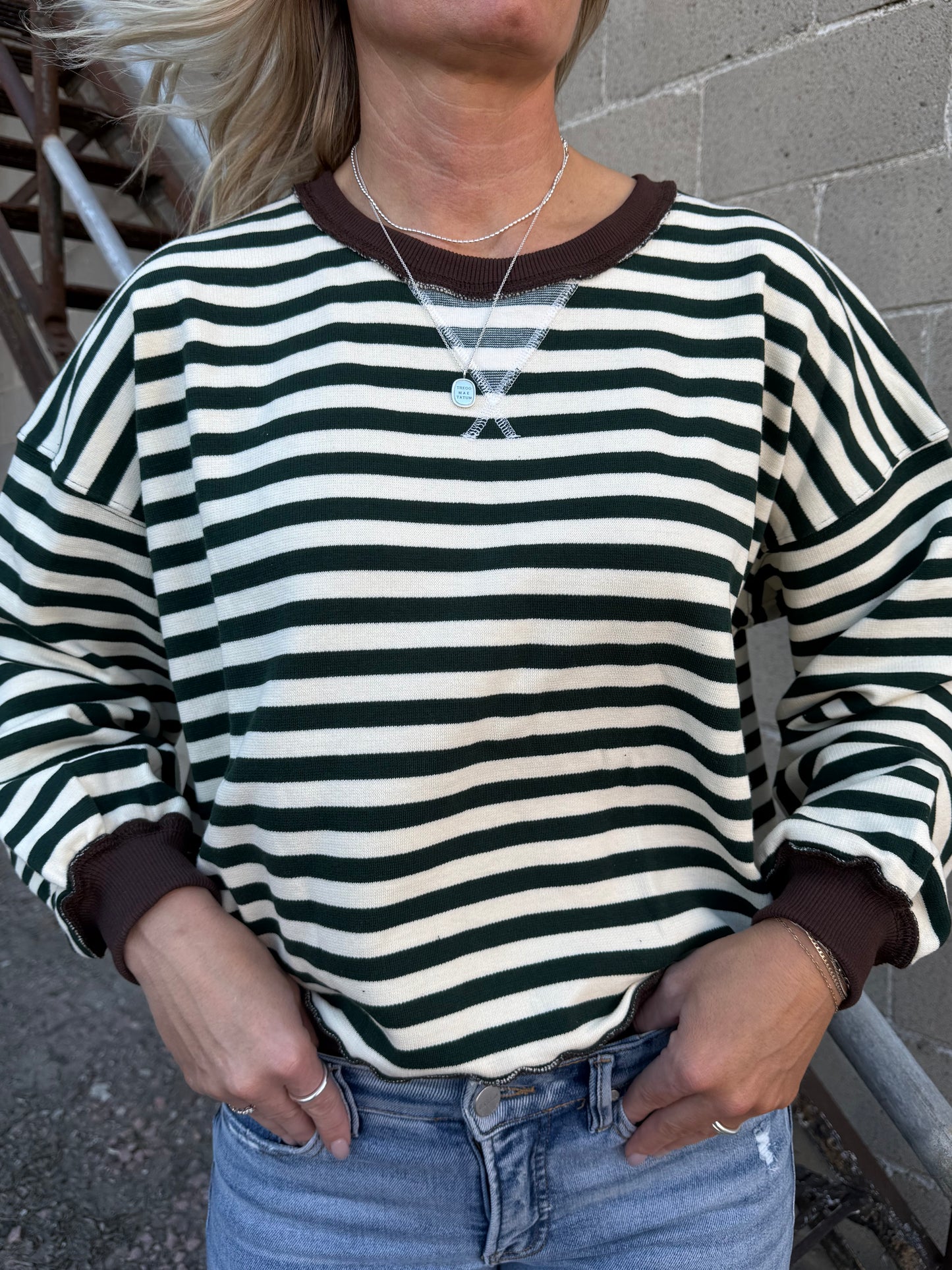 Green Stripe Ribbed Sweatshirt