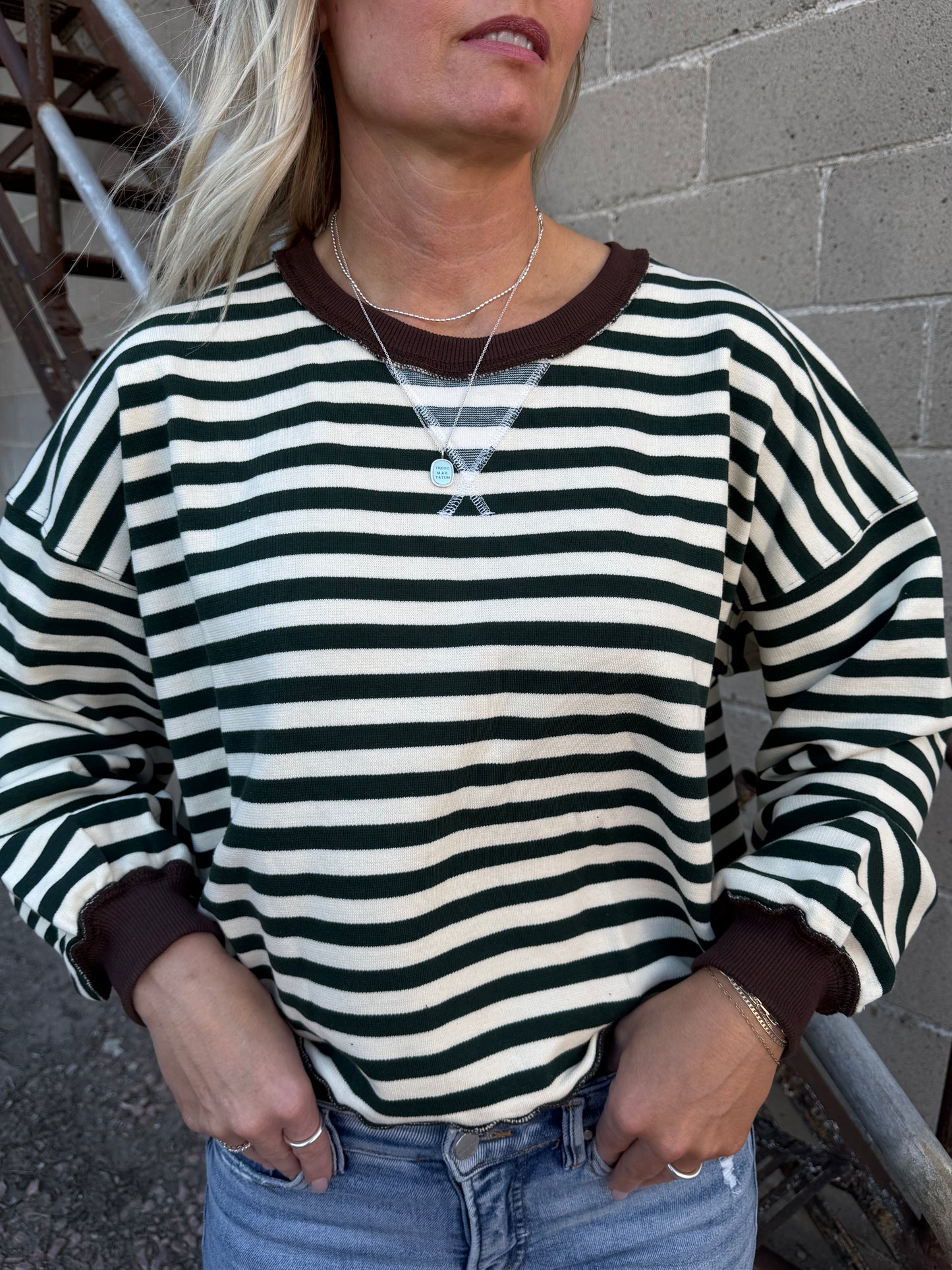 Green Stripe Ribbed Sweatshirt